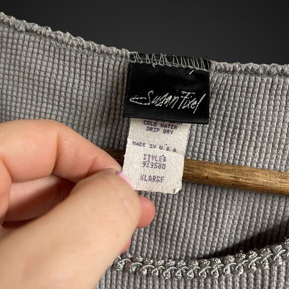 Susan Fixel Top Gray Waffle Knit Boxy Crop Large Vintage Lettuce Hem - Picture 4 of 6